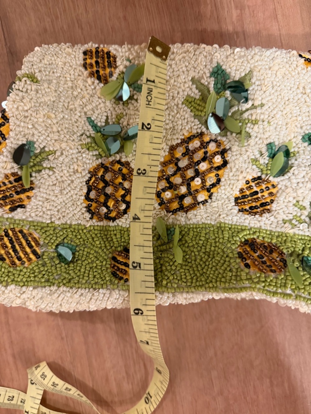 Beaded Pineapple Motif Clutch/Crossbody Bag - Green & White - Picture 15 of 15